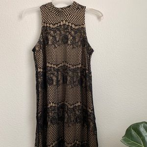 Lace, mini shift dress with high neck line
